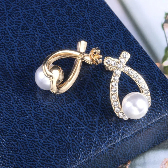 "Unique Bowknot Pearl CZ Wedding Stud Earrings for Women, MLNN1047 - Picture 2 of 6